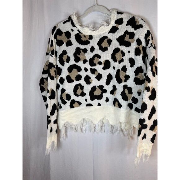 Just Polly Sweater Womens Small Ivory Leopard Print Distressed - Picture 9 of 11